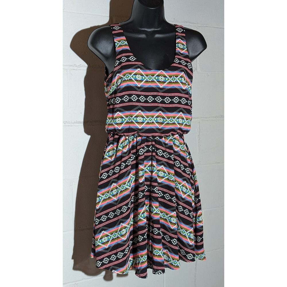 Lush Sleeveless Dress Geometric Aztec Tribal Print Sun Dress Criss Cross Xsmall